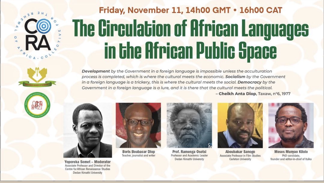 Globalafricasci's tweet photo. ℹ️📍 LANGUES AFRICAINES | AFRICAN LANGUAGES | 

la circulation des langues africaines dans l’espace public africain. 

A SUIVRE https://t.co/W3fak4ClwB

#GlobalAfrica #LanguesAfricaines #Recherche #ScienceSociale #ScienceHumaine #Afrique https://t.co/YxXa6lPGN0