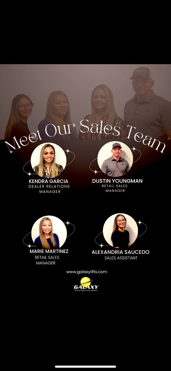 Meet our sales team!

Kendra Garcia has worked with Galaxy Unlimited for 2 years. 

Marie Martinez has worked with Galaxy Unlimited for 7 months. 

Dustin Youngman has worked with Galaxy Unlimited for 1 year. 

Alex Saucedo has worked with Galaxy Unlimited for 3 months.