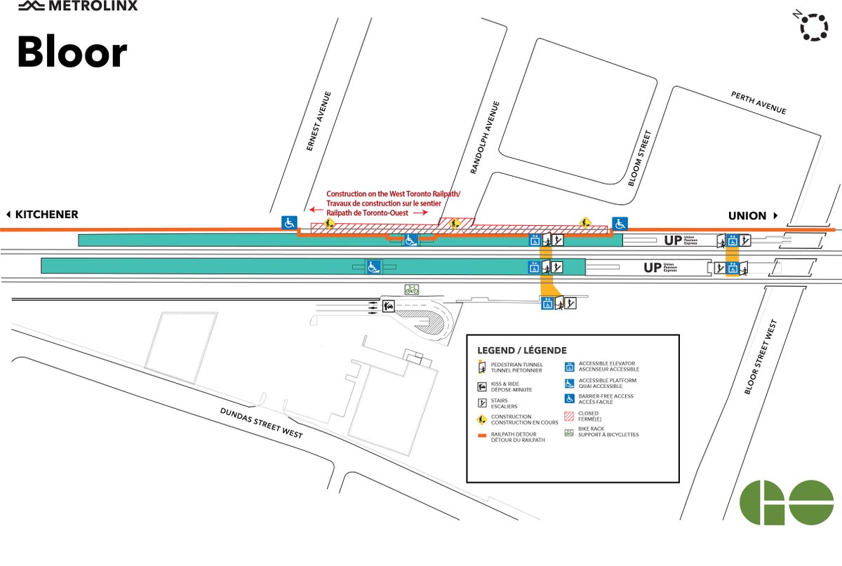 GOExpansion's tweet image. 📢 #ICYMI Bloor GO Station is not accessible from Randolph Ave and a section of the West Toronto Railpath has closed to accommodate construction of the entrance to #BloorGO and tunnel connection into the station 🚉. Learn more about the detour: bddy.me/3X2IrRM
