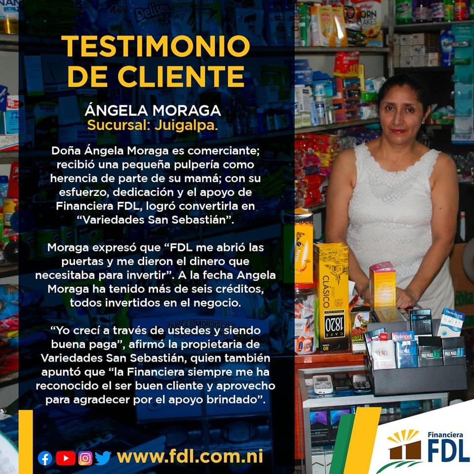 financierafdl's tweet photo. Testimonio de cliente 🗞
Nombre: Ángela Moraga
Sucursal #FDL: Juigalpa
Adquiere tu crédito para capital de trabajo:
☎️ 1801 7777
📱 8415 0126
#TestimoniosFDL #NoticiasFDL https://t.co/fqNgci1XIM