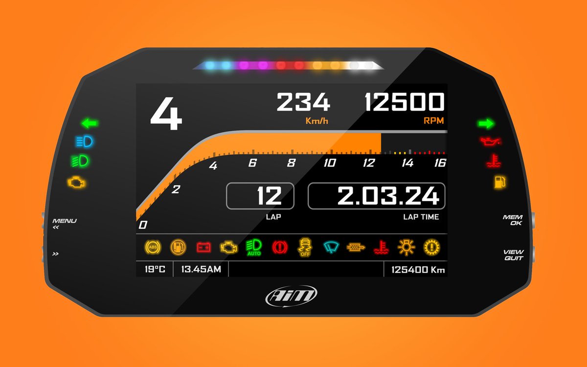 The #aimsportsdata #aimsports MXG 1.2 (shown in #strada configuration) is the dashlogger designed to acquire and display data coming from your ECU, as well as from the GPS09 Module included in the kit. Its 7' display makes it perfect for wide cockpit installations. #datadriven
