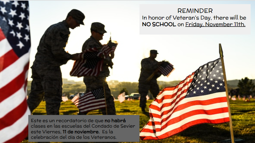 ATTENTION: 

NO SCHOOL tomorrow, Friday, November 11th in honor of Veteran's Day. We are thankful for all who have served and want to extend a BIG S.I.S thank you! Have a wonderful three day weekend. We will see Monday, November 14th. #VeteransDay2022 #SIShonorsyou