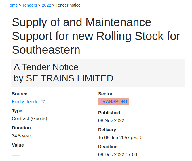 TrainWatch's tweet image. Are #Southeastern tendering for new rolling stock?

bidstats.uk/tenders/2022/W…

"The quantity of vehicles in the core order will be between 350 and 570, with an option for up to 70 additional vehicles (these quantities have been calculated using an assumed 20m vehicle length)."