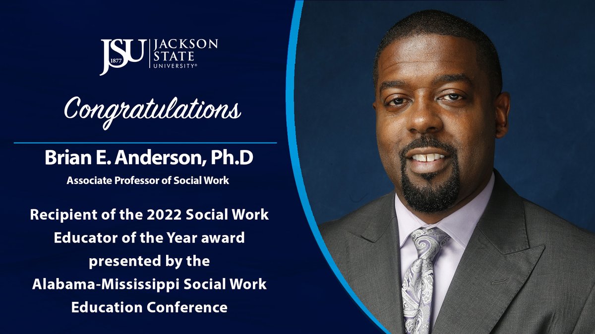 #JSUFaculty: Jackson State University Associate Professor Brian Anderson, Ph.D., was recently named the 2022-2023 Social Work Educator of the Year by the Alabama/Mississippi Social Work Education Conference for the fourth time.

📰 | bit.ly/3DVLFO4