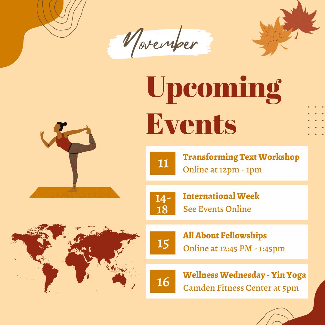 Rutgers Camden MPA (@rucamdenmpa) on Twitter photo Register now for this month’s events!
Transforming Text & Avoiding Plagiarism: eventbrite.com/e/transforming…
Wellness Wednesdays: Yin Yoga: eventbrite.com/e/graduate-sch…
International Week: graduateschool.camden.rutgers.edu/events/interna…
All About Fellowships: International Week Edition: engage.camden.rutgers.edu/event/8441914 Register now for this month’s events!
Transforming Text & Avoiding Plagiarism: eventbrite.com/e/transforming…
Wellness Wednesdays: Yin Yoga: eventbrite.com/e/graduate-sch…
International Week: graduateschool.camden.rutgers.edu/events/interna…
All About Fellowships: International Week Edition: engage.camden.rutgers.edu/event/8441914