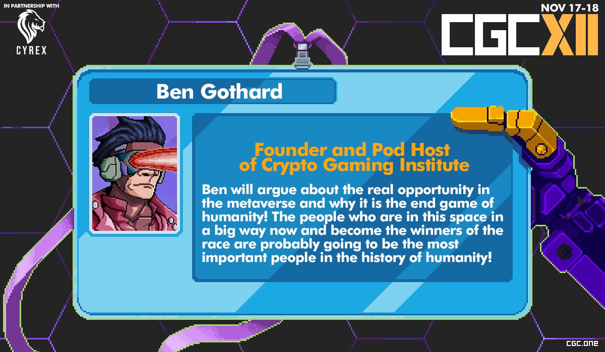 CGC β Cutting-edge Games Conference (@cgc_events) on Twitter photo π’ Today we start our announcements with one more great speaker β Ben Gothard (<a href="/BenPGothard/">Ben Gothard</a>), Founder and Pod Host of <a href="/CryptoGamingI/">Crypto Gaming Institute (CGI)</a>.
π€© Learn from Ben at #CGCXII and don't miss real opportunities in the metaverse! π’ Today we start our announcements with one more great speaker β Ben Gothard (<a href="/BenPGothard/">Ben Gothard</a>), Founder and Pod Host of <a href="/CryptoGamingI/">Crypto Gaming Institute (CGI)</a>.
π€© Learn from Ben at #CGCXII and don't miss real opportunities in the metaverse!