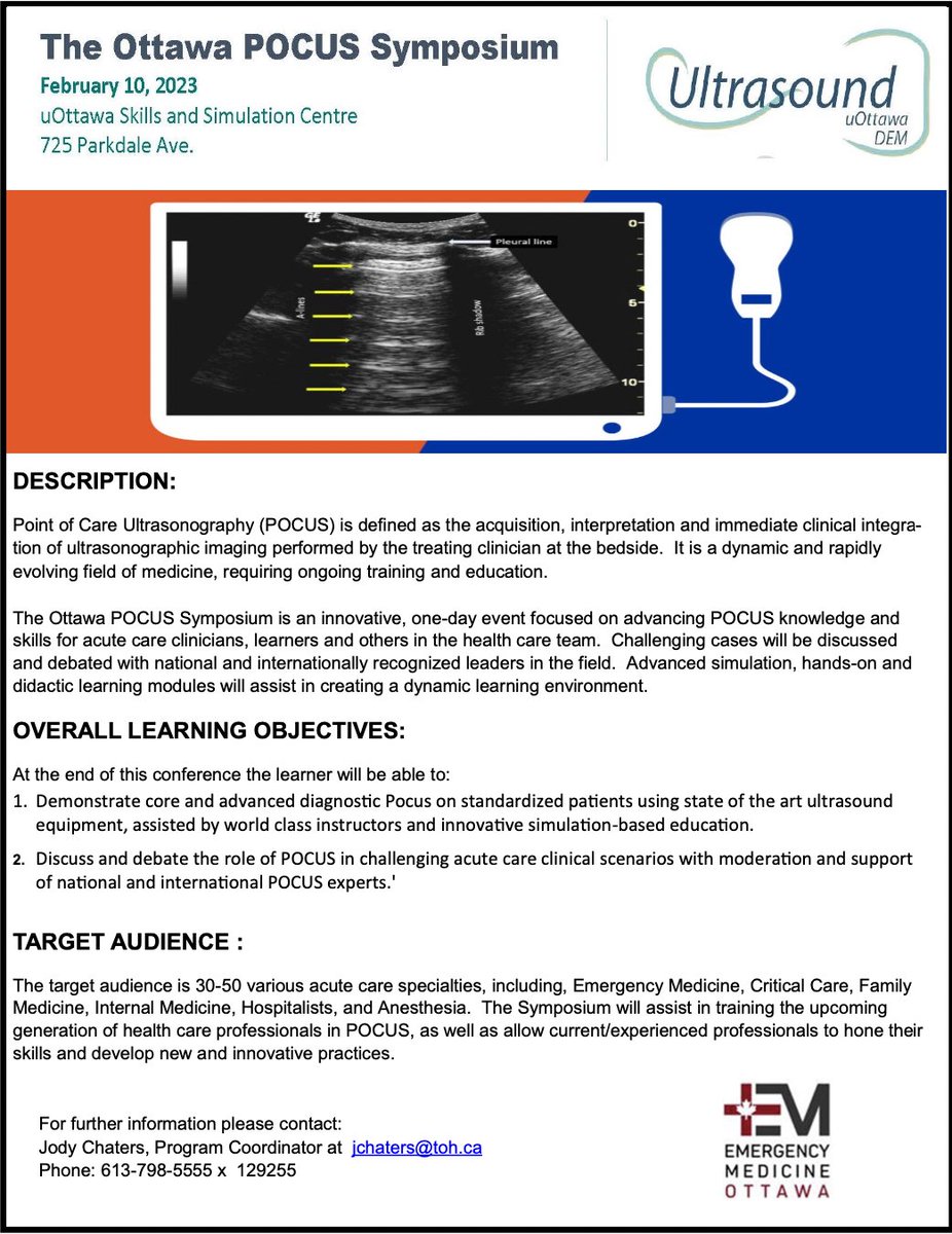 EM Ottawa (@emergmedottawa) on Twitter photo The <a href="/uOttawaPoCUS/">uOttawa PoCUS</a> Symposium is an innovative, 1-day event focused on advancing #POCUS knowledge & skills for acute care clinicians/learners and others in the health care team.
Date: Feb 10, 2023
Location: uOttawa Skills and Sim Centre
Contact: jchaters@toh.ca
#EmergencyMedicine The <a href="/uOttawaPoCUS/">uOttawa PoCUS</a> Symposium is an innovative, 1-day event focused on advancing #POCUS knowledge & skills for acute care clinicians/learners and others in the health care team.
Date: Feb 10, 2023
Location: uOttawa Skills and Sim Centre
Contact: jchaters@toh.ca
#EmergencyMedicine