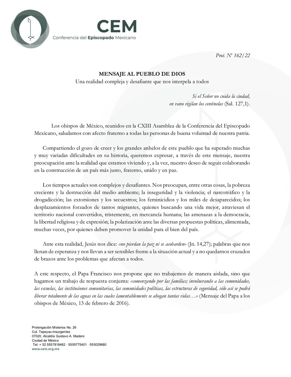 IglesiaMexico's tweet photo. MENSAJE AL PUEBLO DE DIOS
Una realidad compleja y desafiante que nos interpela a todos
Los obispos de México, reunidos en la CXIII Asamblea de la Conferencia del Episcopado Mexicano, saludamos con afecto fraterno a todas las personas de buena voluntad de nuestra patria. https://t.co/7IGLtBVVsW