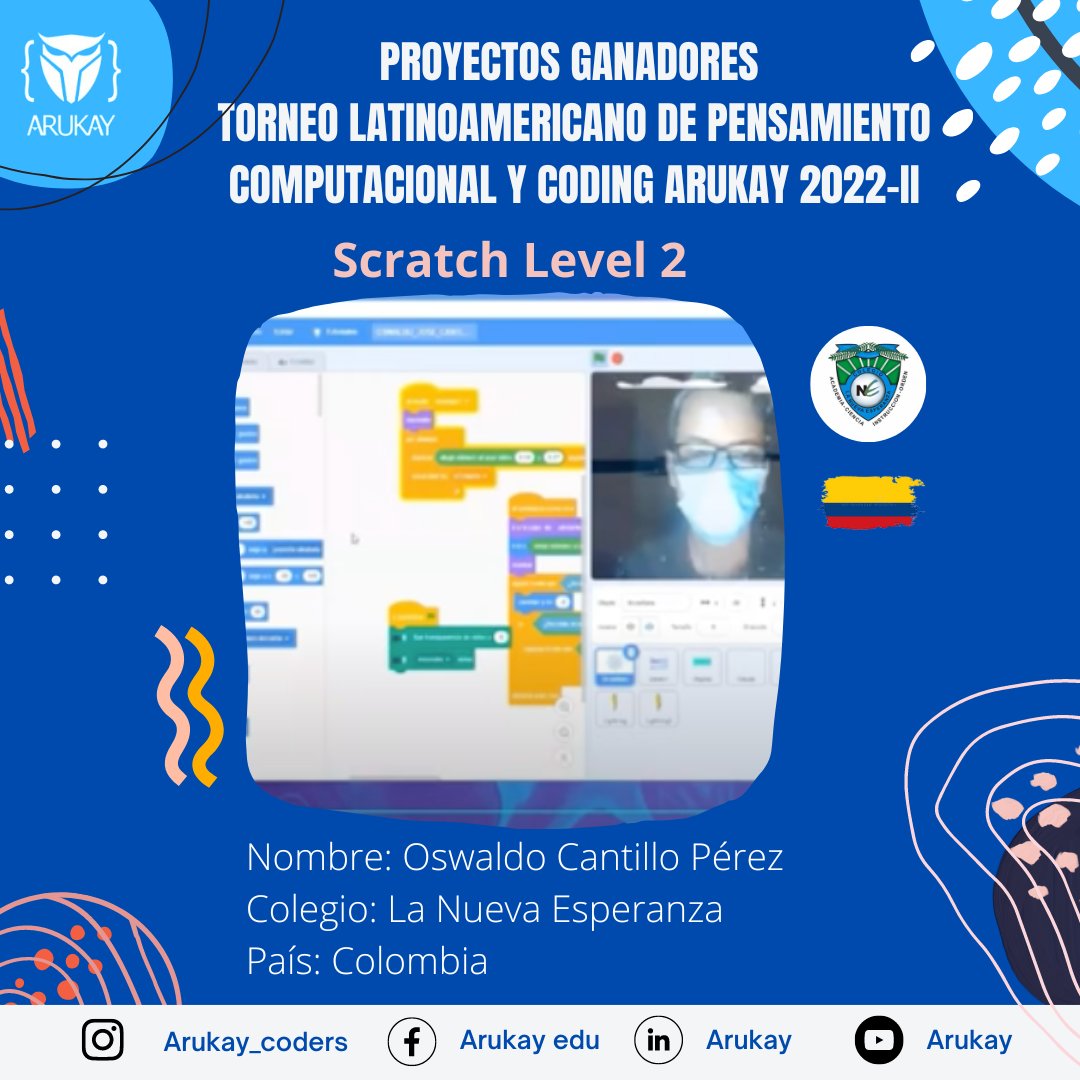 ArukayEdu's tweet image. 🥇Felicitamos a Oswaldo Cantillo, estudiante del Colegio @LaNueEsperanza, Colombia, al ser galardonado con el primer puesto en su categoría #ScratchLevel2, al realizar proyecto de animación generando efecto de nieve cayendo, utilizando realidad aumentada en #TorneodeProgramación