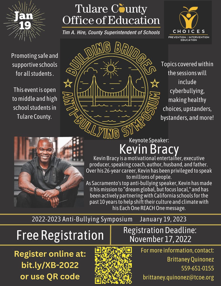 Middle and high school teachers - register today for the 2022-23 “Building Bridges” Anti-Bullying Symposium, planned for Jan. 19. 

The symposium will feature keynote speaker Kevin Bracy, plus a variety of breakout sessions.

Register by Nov. 17 at bit.ly/XB-2022.