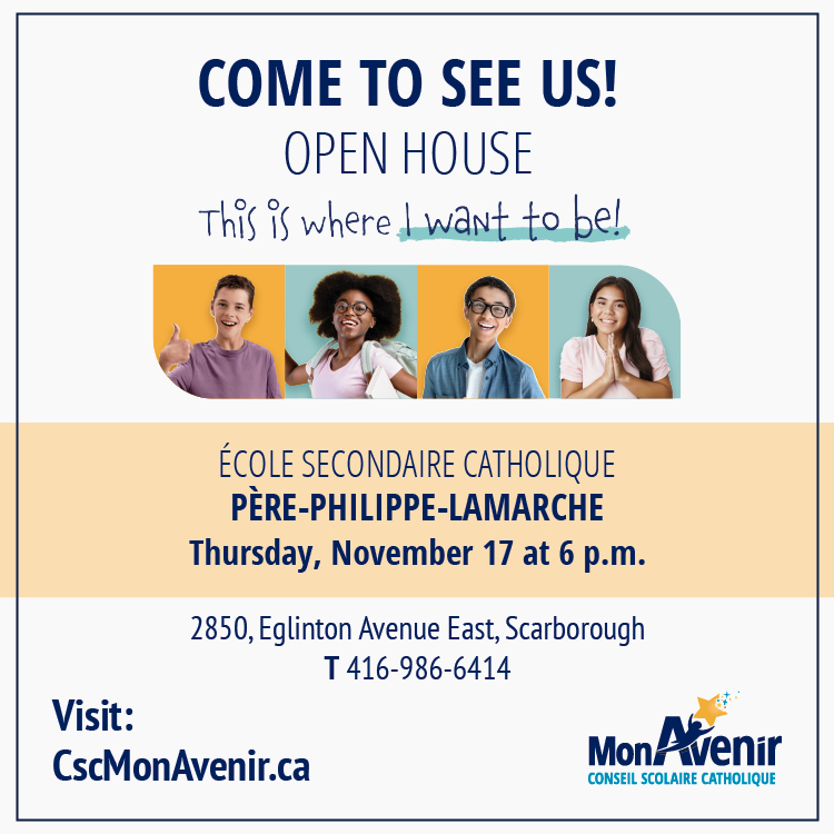 L'école vous invite à ses portes ouvertes jeudi prochain : 17 novembre à partir de 18h. Faites passer le mot aux parents d'élèves de 6e année! Nous vous attendons en grand nombre. 
Offrez une éducation de langue française à votre enfant!
