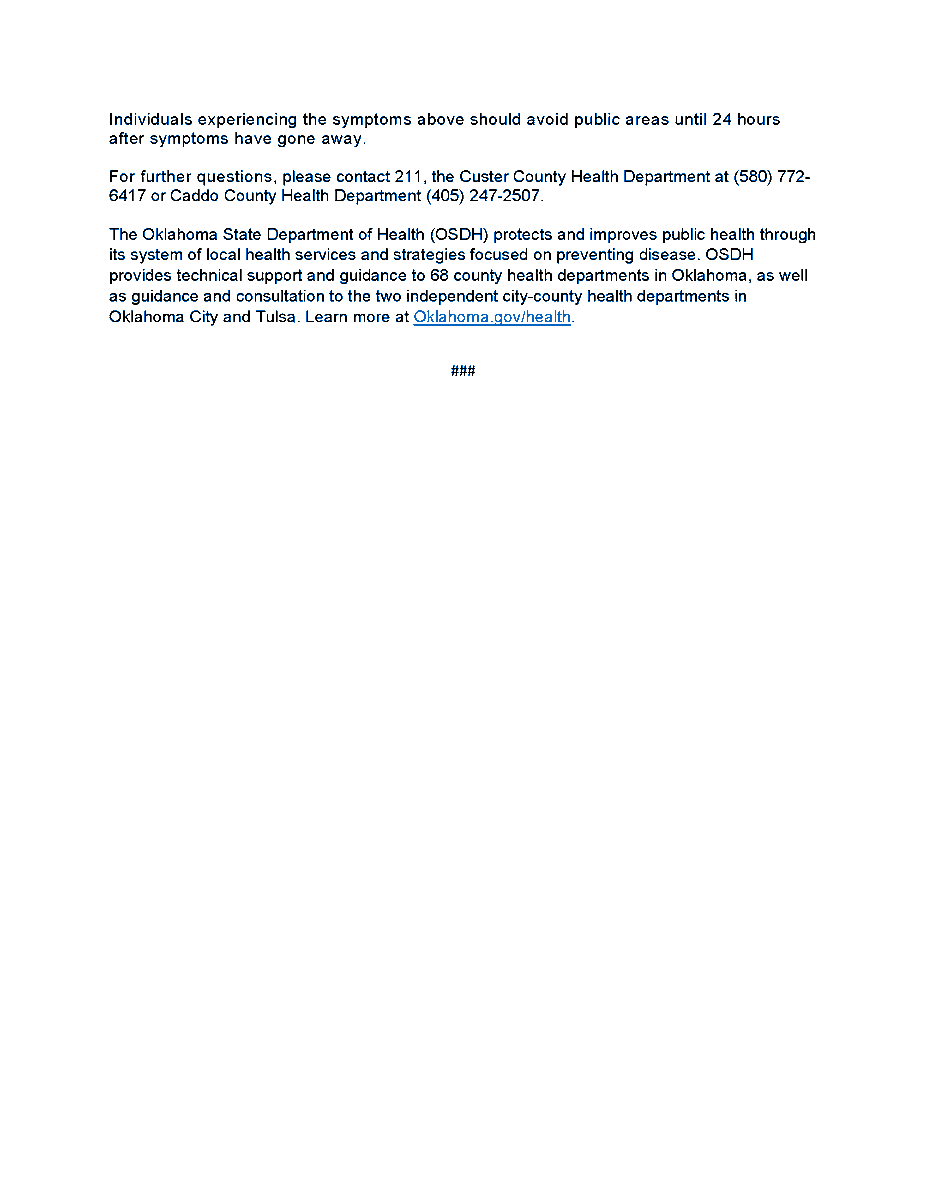 Weatherford_OK's tweet photo. Press release from the Oklahoma Department of Health. No source has been determined for the illnesses listed in the press release. Weatherford’s water has been tested multiple times by the Oklahoma Department of Environmental Quality, and no signs of bacteria have been detected. https://t.co/FixWfgfON1