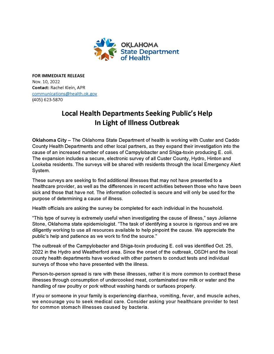 Weatherford_OK's tweet photo. Press release from the Oklahoma Department of Health. No source has been determined for the illnesses listed in the press release. Weatherford’s water has been tested multiple times by the Oklahoma Department of Environmental Quality, and no signs of bacteria have been detected. https://t.co/FixWfgfON1