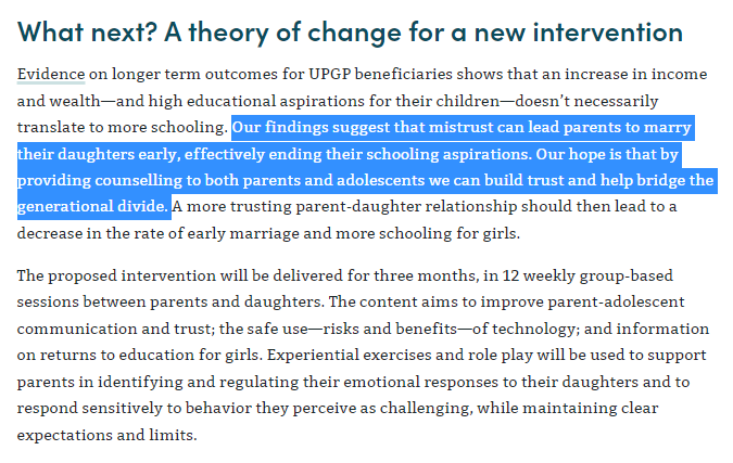 Amber Peterman (@a_peterman) on Twitter photo 👋🏾 child marriage folks:
<a href="/CGDev/">Center for Global Development</a> & co 👀 for input on building trust btw parents & girls to reduce child marriage in 🇧🇩
"Suggestions or comments on the intervention? Do you think it will “work”?"
cc. @GPtoEndViolence <a href="/NankaliM/">Nankali Maksud</a> <a href="/satvikac/">Satvika Chalasani</a> <a href="/KAustrianPC/">Karen Austrian</a> <a href="/GirlsNotBrides/">Girls Not Brides</a> 👋🏾 child marriage folks:
<a href="/CGDev/">Center for Global Development</a> & co 👀 for input on building trust btw parents & girls to reduce child marriage in 🇧🇩
"Suggestions or comments on the intervention? Do you think it will “work”?"
cc. @GPtoEndViolence <a href="/NankaliM/">Nankali Maksud</a> <a href="/satvikac/">Satvika Chalasani</a> <a href="/KAustrianPC/">Karen Austrian</a> <a href="/GirlsNotBrides/">Girls Not Brides</a>