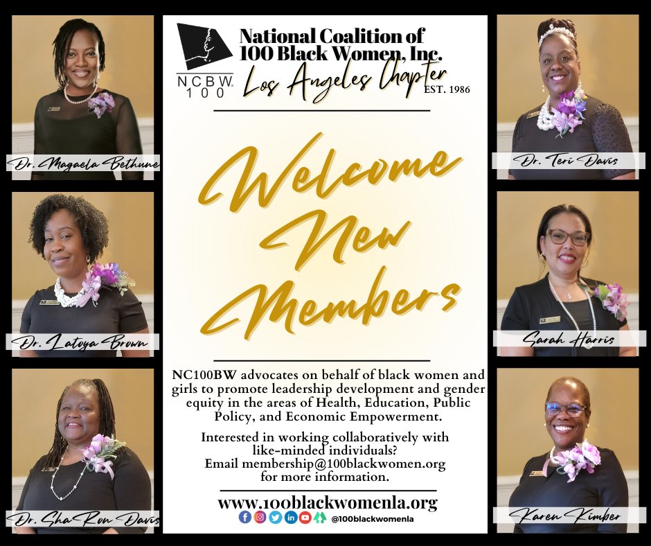100blackwomenla's tweet photo. #NC100BWLA is pleased to welcome six amazingly talented and committed women to the Los Angeles Chapter. We are excited to work with them as we continue in our efforts to advocate on behalf of Black Women and Girls.

Interested in joining?  - membership@100blackwomenla.org https://t.co/3z8MJMtZH5