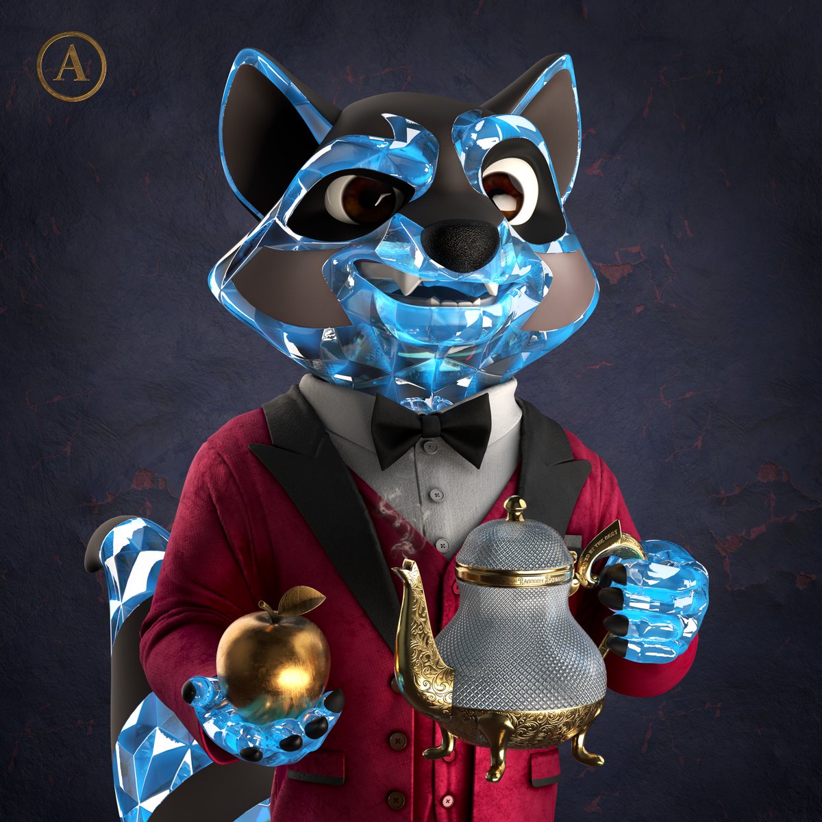Introducing our Diamond skin, coming to Raccoon Syndicate Tier 1 on December 3rd! Carrying the most opulent teapot in the kingdom and a golden apple - this Raccoon takes boojee to a new level! 

Win 1x5 WL
1.Follow <a href="/RaccoonSyndicat/">Raccoon Syndicate</a>
2.Like+Retweet
3.Join discord.gg/j5ZW5uDBx3