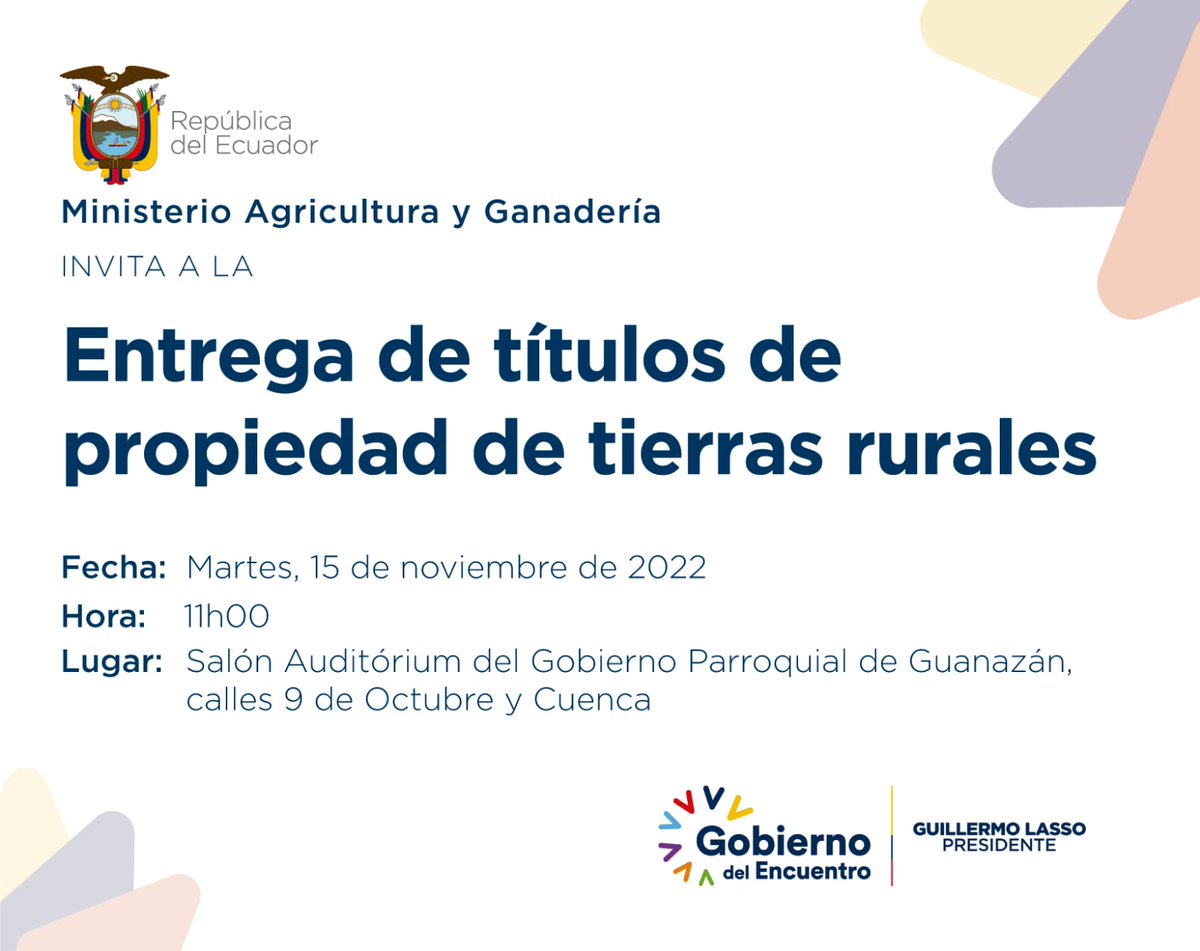 Agricultura_CZ7's tweet photo. 🟢[INVITACIÓN] | Entrega de Títulos de Propiedad de Tierras Rurales. 
📆 Martes, 15 de noviembre de 2022. 
🕙11:00 
📝 #Guanazan, Gobierno Parroquial de Guanazán, calles 9 de octubre y Cuenca. 

¡Te esperamos! 🧑‍🌾👩‍🌾 https://t.co/ivmSrxHyC7