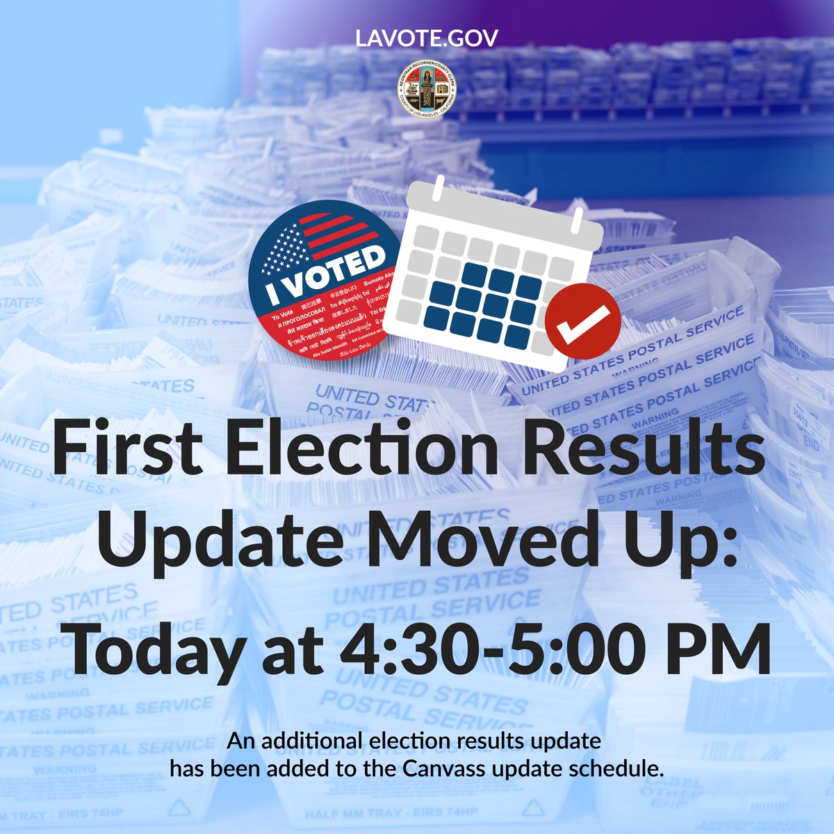 NEWS RELEASE: Registrar-Recorder/County Clerk to Run Additional Election Results Update in 2022 General Election 

First election results update moved up: Today between 4:30-5:00 PM

Link: lavote.gov/docs/rrcc/news…