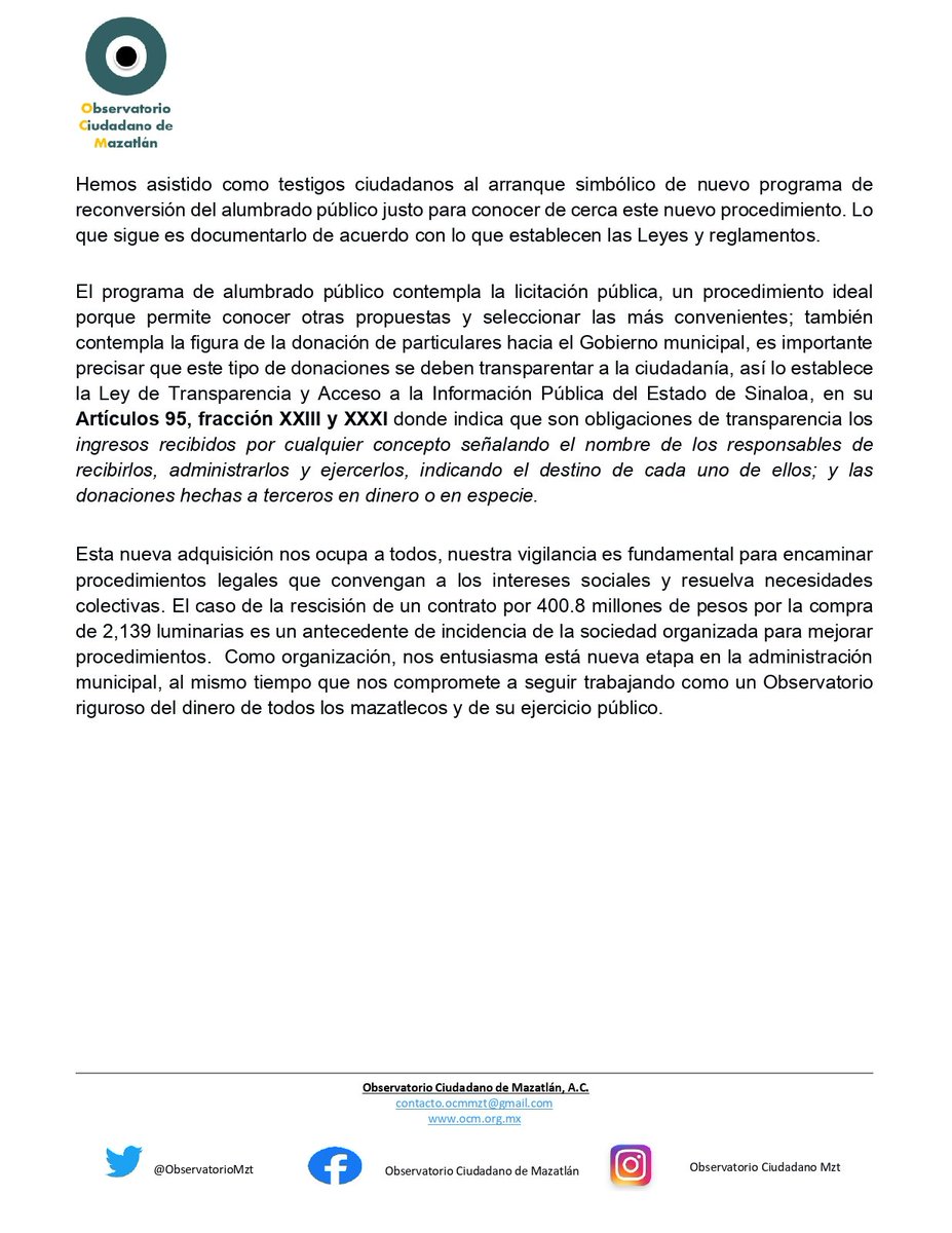 observatoriomzt's tweet photo. #CasoLuminarias de Mazatlán. 👇
#ElNuevo procedimiento para la compra de #lámparas nos ocupa a tod@s en la vigilancia del ejercicio de ese recurso público.
Acá nuestra postura sobre el nuevo procedimiento y los #10Compromisos de la #AgendaCiudadana para el @AytodeMzt 📄🔍 https://t.co/qbRcYkWOVS