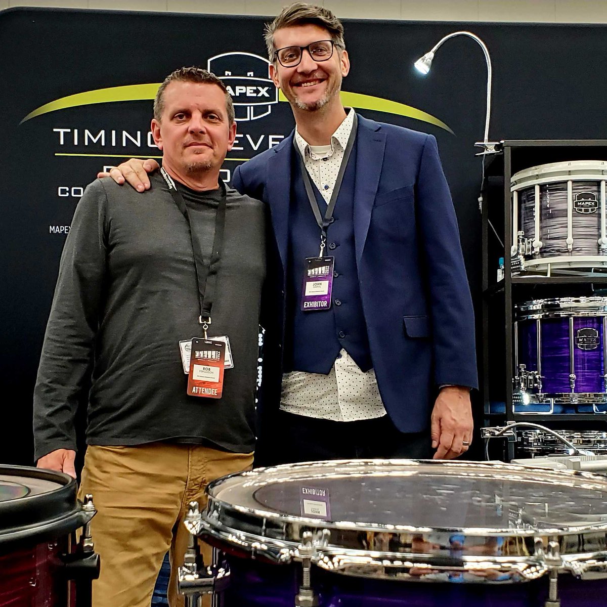 MapexMarching's tweet photo. Our Marching Artist Relations Manager John Harvill with artists Rob Ferguson and Mike Lynch at PASIC 2022! #mapexmarching #pasic2022 https://t.co/XlUiT2cwYC