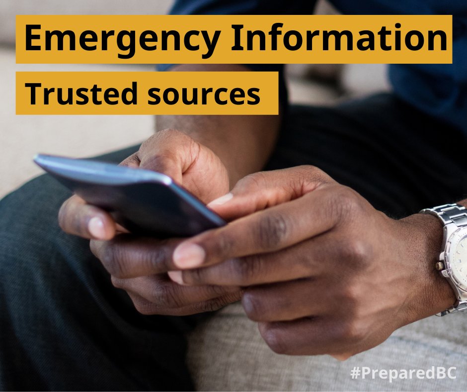 During severe weather and emergencies, stay up to date with trusted info: ✅@EmergencyInfoBC for response ✅@DriveBC for road conditions ✅@TranBC for road safety ✅@bchydro for power outages ✅@ECCCWeatherBC for weather ✅ Your Indigenous or local government for local info.