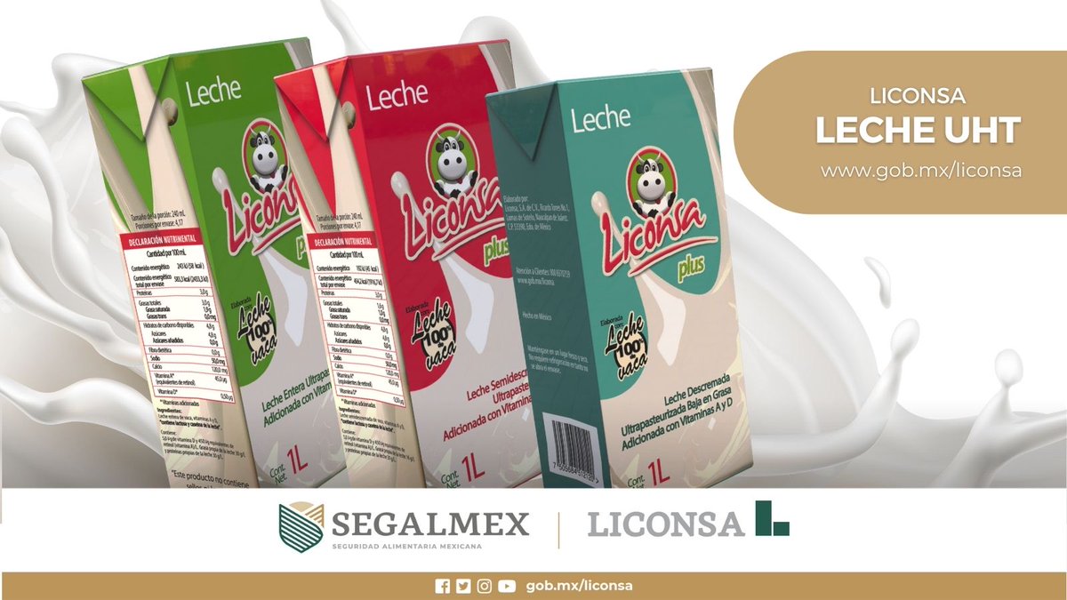 LecheBienestar's tweet photo. 🐮☝️LICONSA cuenta con 3 presentaciones de un litro de #LecheUHT:
🥛Leche entera ultrapasteurizada
🥛Leche semidescremada ultrapasteurizada
🥛Leche descremada ultrapasteurizada baja en grasa
🔁Si ya las probaste https://t.co/keF3mHKN1Q