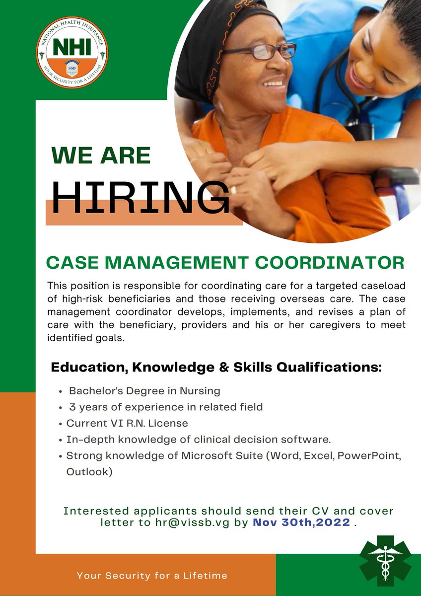 BVINHI's tweet photo. The Virgin Islands National Health Insurance invites qualified and professional candidates to apply for the post of Case Management Coordinator. #YourSecurityforaLifetime #NHIBVI https://t.co/OC4MlKkFwP