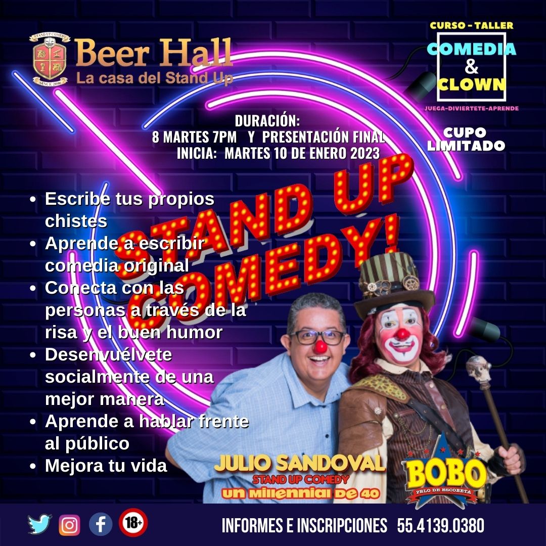 ComediayClown's tweet photo. Martes 10 de enero iniciamos nuestro curso-taller  en  @BeerHallMx con @boboelpayaso y @soyjulio13
Duración: 8 martes 7pm y presentación final
Iniciamos: 10 de enero
Escríbenos a @ComediayClown https://t.co/5oLfmsrRnX