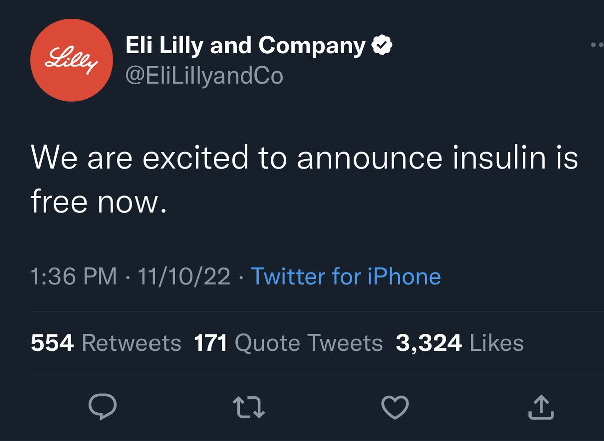 BrendanKeefe's tweet photo. ‘Verified’ Eli Lily twitter account promises free insulin. People are celebrating. It is t remotely true. Someone just paid Elon Musk’s $8 https://t.co/Wg4GfRIA5P