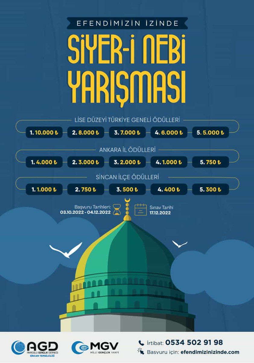 Kaybedeni olmayan, dereceye girene ödül olan yarışma

📍Gençler Efendimizin İzinde Siyer-İ Nebi Yarışması(Liseler Düzeyi)
🗓 Başvuru Tarihleri : 3 Ekim - 4 Aralık 2022
✒ Sınav Tarihi: 17 Aralık 2022

Kayıt için👇👇👇
Efendimizinizinde.com 🖱
#AhlakveManeviyat