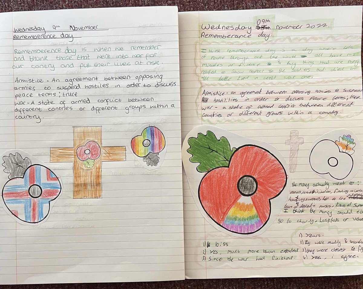 Here is some excellent work out Year 7s based around Armistice Day. Lots of discussion based around the origins and the modern day value of <a href="/PoppyLegion/">Royal British Legion</a>!