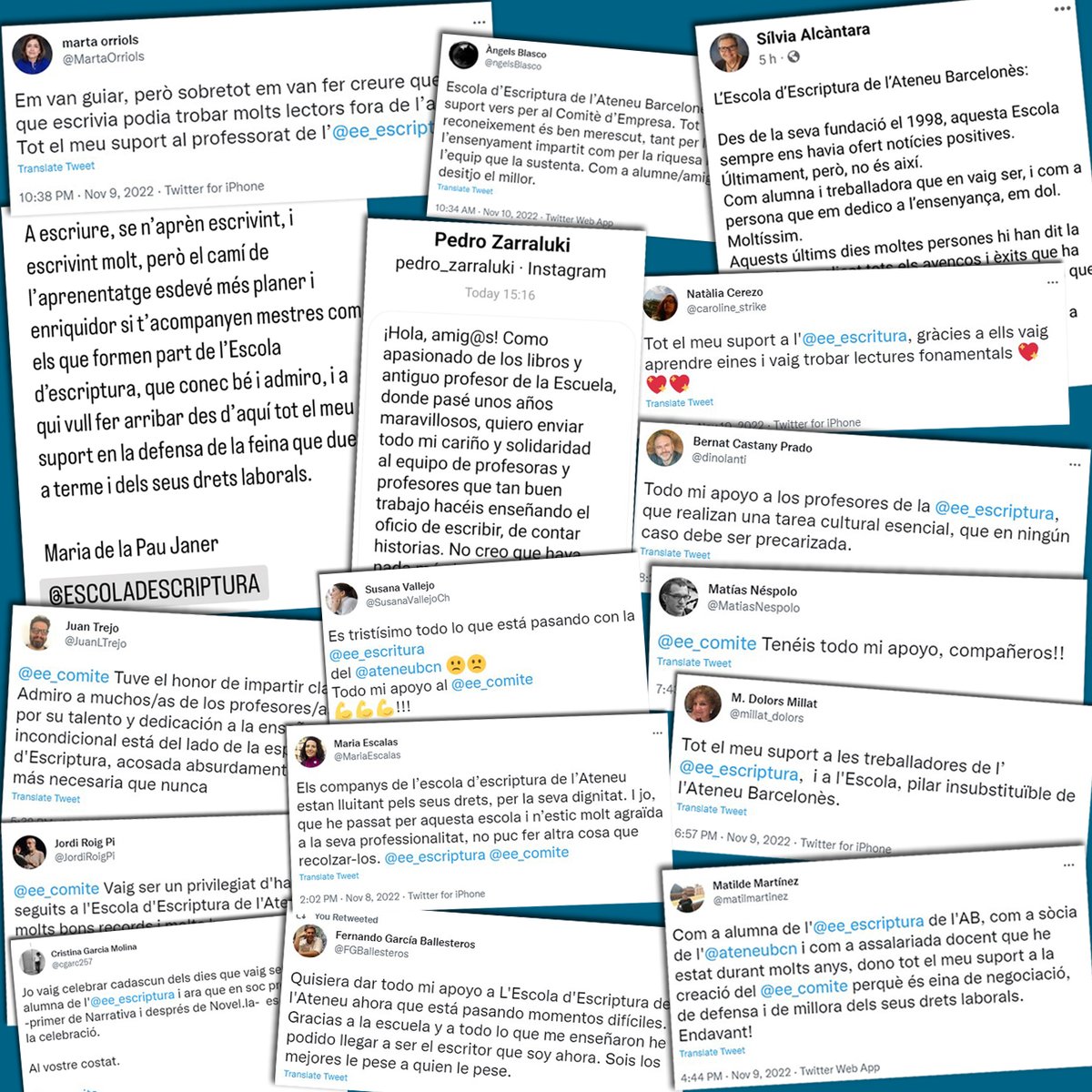 Durant els darrers dies, les treballadores i treballadors de l'<a href="/ee_escriptura/">Escola d'Escriptura</a> hem rebut una allau de suports de gent vinculada al món de la cultura. Moltes gràcies a tothom!