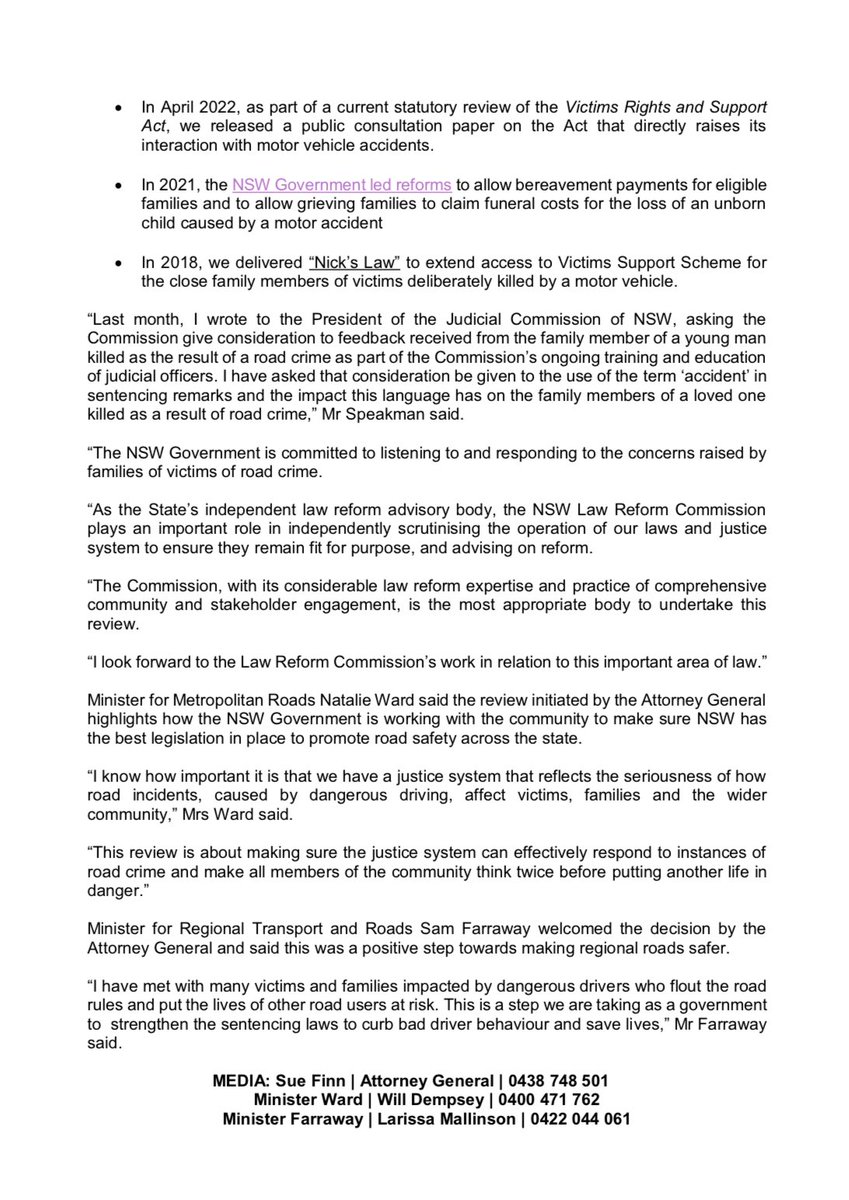 Mark Speakman (@markspeakman) on Twitter photo ⚖️ I’ve asked the <a href="/NSWLawReform/">NSW Law Reform Cmsn</a> Commission to review and report on a number of matters relating to serious road crime. These include whether existing criminal offences are fit for purpose and the experiences of victims of serious road crime and their families.
#nswlaw #auslaw ⚖️ I’ve asked the <a href="/NSWLawReform/">NSW Law Reform Cmsn</a> Commission to review and report on a number of matters relating to serious road crime. These include whether existing criminal offences are fit for purpose and the experiences of victims of serious road crime and their families.
#nswlaw #auslaw