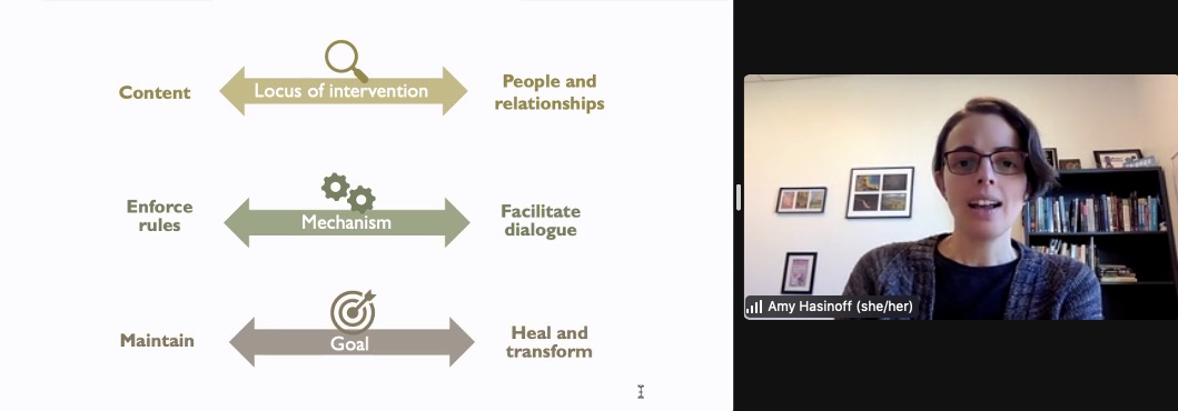 The interventions, mechanisms, and goals of content moderation and restorative approaches are often very different. Interesting to explore ways of changing content moderation to be more restorative.