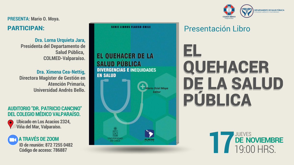 ColMedValpo's tweet photo. 👉  Los invitamos al lanzamiento del libro "El Quehacer de la Salud Pública" que se realizará en el auditorio del Colegio Médico el próximo jueves 17 de noviembre a las 19.00 horas.
Zoom https://t.co/oTYmuyPT7W
ID: 872 7255 0482 Cód: 786887
https://t.co/oLZxwEYJfZ https://t.co/XQ7VHqXZRH