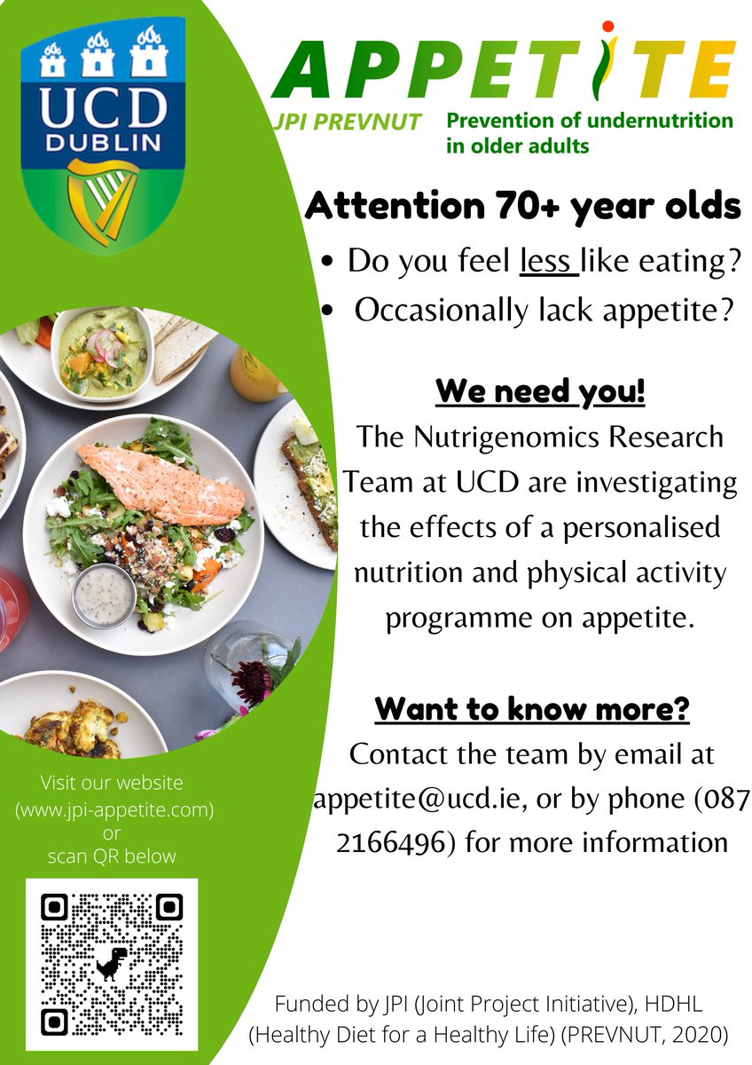 Great to hear the <a href="/APPETITE_JPI/">JPI APPETITE</a> study get a mention today from <a href="/laoneill111/">Luke O'Neill</a> and <a href="/PatKennyNT/">Pat Kenny Newstalk</a>. This can be quite a tough population to connect with so we are counting on everyone to refer their older relatives/friends. See our study poster below.