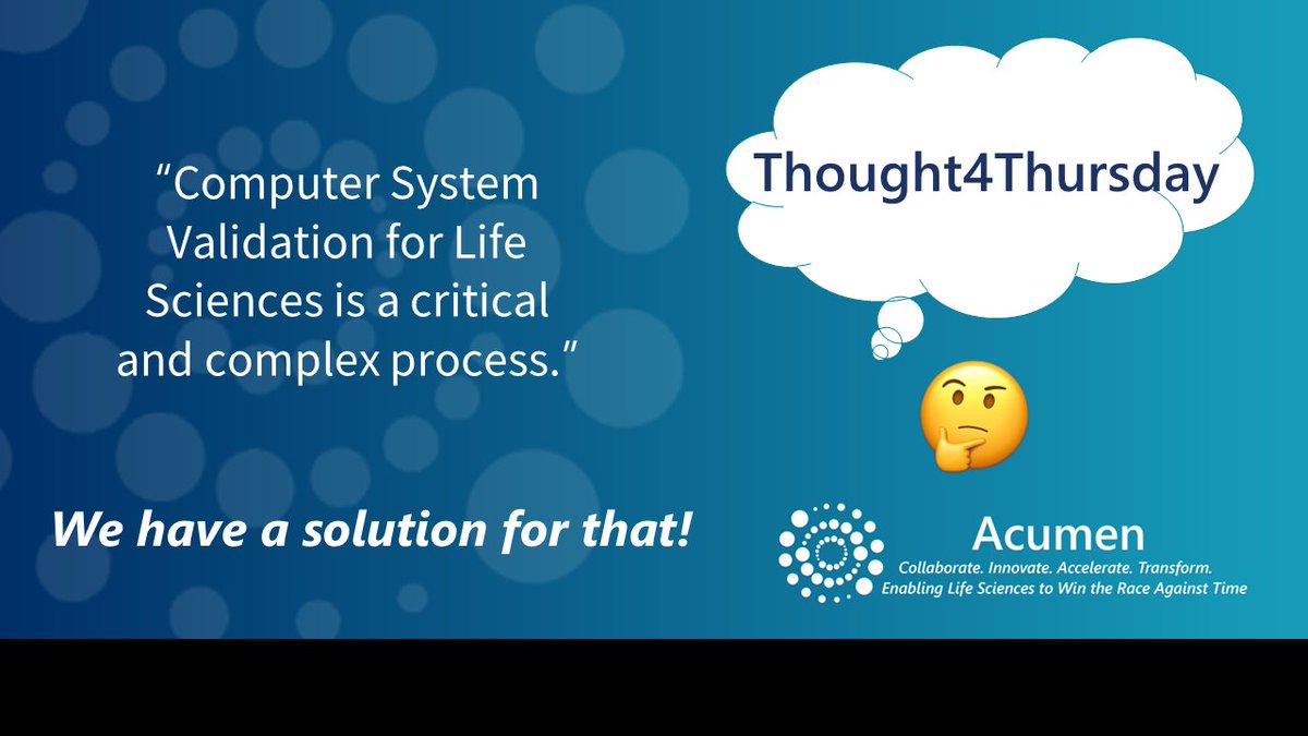 AcumenAnalytics's tweet photo. 3 o'clock #Thought4Thursday #ComputerSystemValidation for #LifeSciences is a critical complex process.
#Acumen has a solution for that! Get in touch: https://t.co/lL3ZYTE42R #paperlessvalidation #dataintegrity #DigitalTransformation #Collaborate #Accelerate #Innovate #Transform https://t.co/HiWazkOT4k