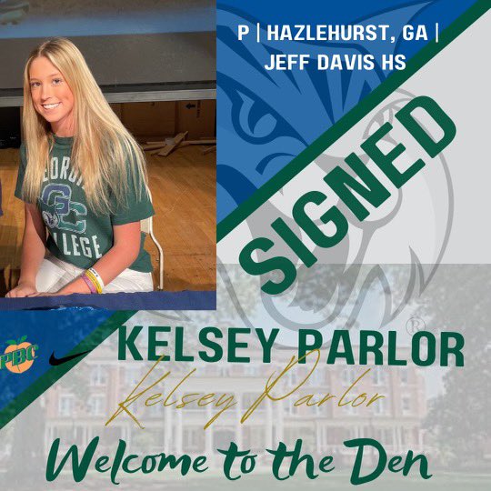 GCSU_Softball's tweet photo. SIGNED!! Give a big welcome to @KelseyParlor to the Bobcat Family!! #gcbobcats💚🐾💙🐾 https://t.co/Q2RysaDekL
