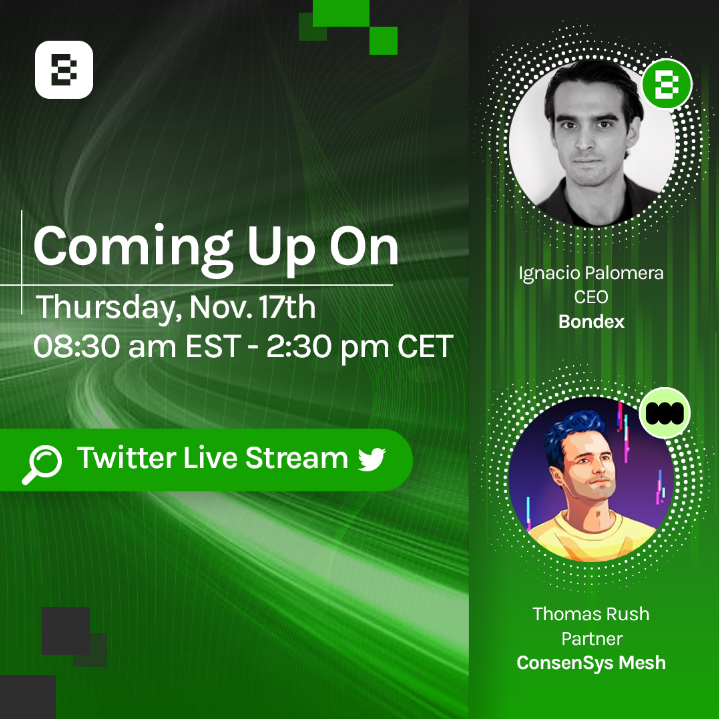 bondexapp's tweet photo. Are you ready for another Bondex #Livestream?🤔🎉

Continue learning with Bondex and get ready for our next Livestream with @Thomas_Rush_  of @ConsenSysMesh  

Join us and learn more about the next generation of builders on #web3 

Lets goooo!!🚀 https://t.co/V3KonEenl3