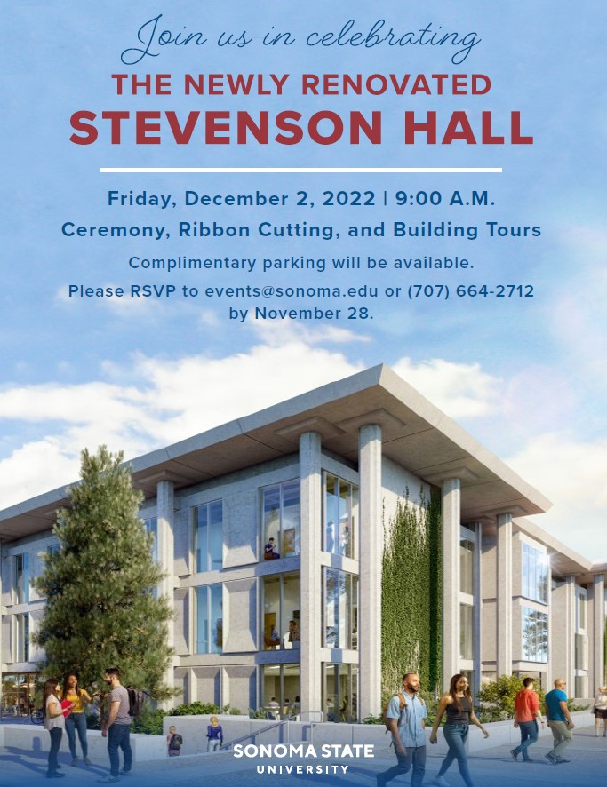 The final countdown is on! Join us at 9 a.m. on Friday, Dec. 02, for the ribbon cutting ceremony and building tour for the newly renovated Stevenson Hall at #SonomaState. RSVP to events@sonoma.edu by November 28.