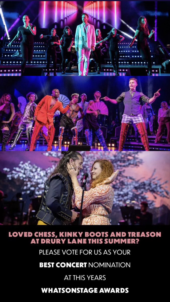 Ollyoco1's tweet photo. The @WhatsOnStage awards nominations are open! We had such a fun Summer at the beautiful @TheatreRoyalDL a nomination for our 3 concerts would be the icing on a very lovely cake!
@LMTOrch

You can Vote here: https://t.co/OB7FN7i1tl
♟️ 👠 💥 
#ChessDL #KinkyBootsDL @TreasonMusical https://t.co/9ijmR7KRGX