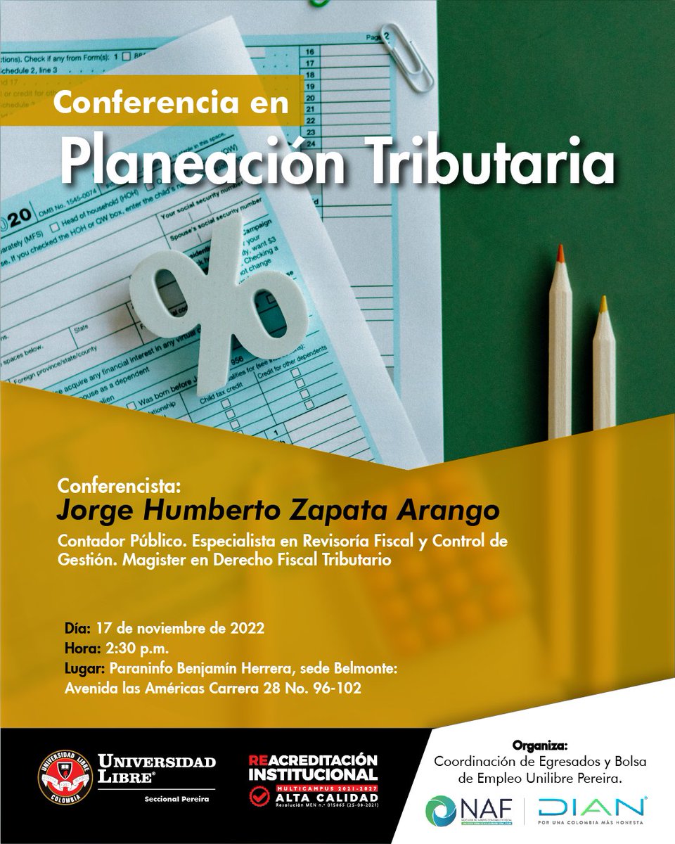 Ulibre_pereira's tweet photo. Este 17 de noviembre a las 2:30 p.m. Participa de la conferencia gratuita en planeación tributaria para que en compañía de un experto, fortalezcas tus conocimientos en esta disciplina. 

Porque #SerLibre es compartir el conocimiento. https://t.co/n21LPVgN6G