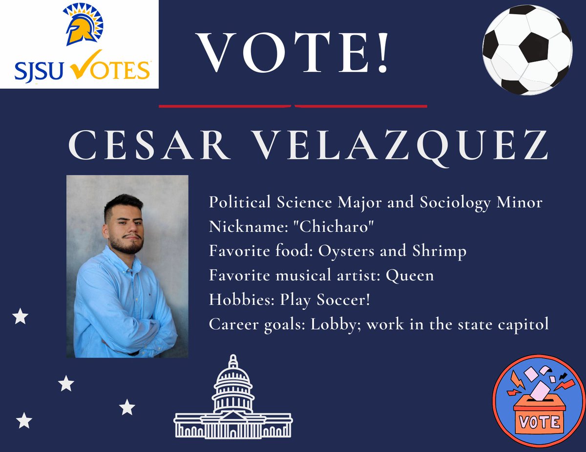 SJSUvotes's tweet image. Get to know Cesar, another excellent member of team SJSU Votes! #sjsuvotes @SJSU @SLSVCoalition