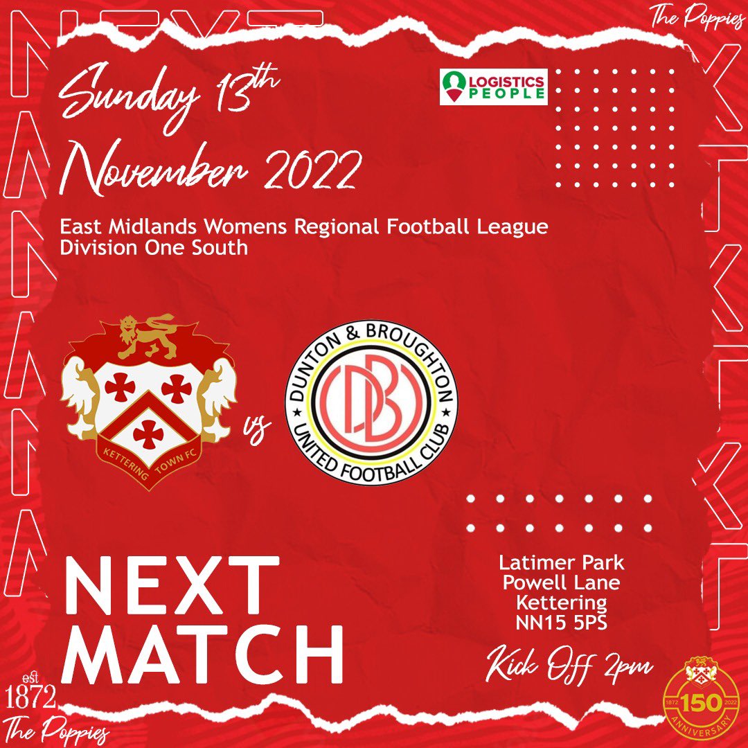 𝗡𝗘𝗫𝗧 𝗨𝗣 | <a href="/KTFCOfficial/">Kettering Town FC</a> 𝗧𝗔𝗞𝗘𝗢𝗩𝗘𝗥! 

Come and join us as we look to continue our fine form and be part of the <a href="/KTFCOfficial/">Kettering Town FC</a> women’s takeover day!

🆚 <a href="/duntonladies/">Dunton & Broughton United Ladies FC 🔴⚫️</a> 
🏆<a href="/emwrfl/">EMWRFLOfficial</a> 
📍Latimer Park, NN15 5PS
🕢 2.00pm KO
🍻 Bar open

#KTWFC