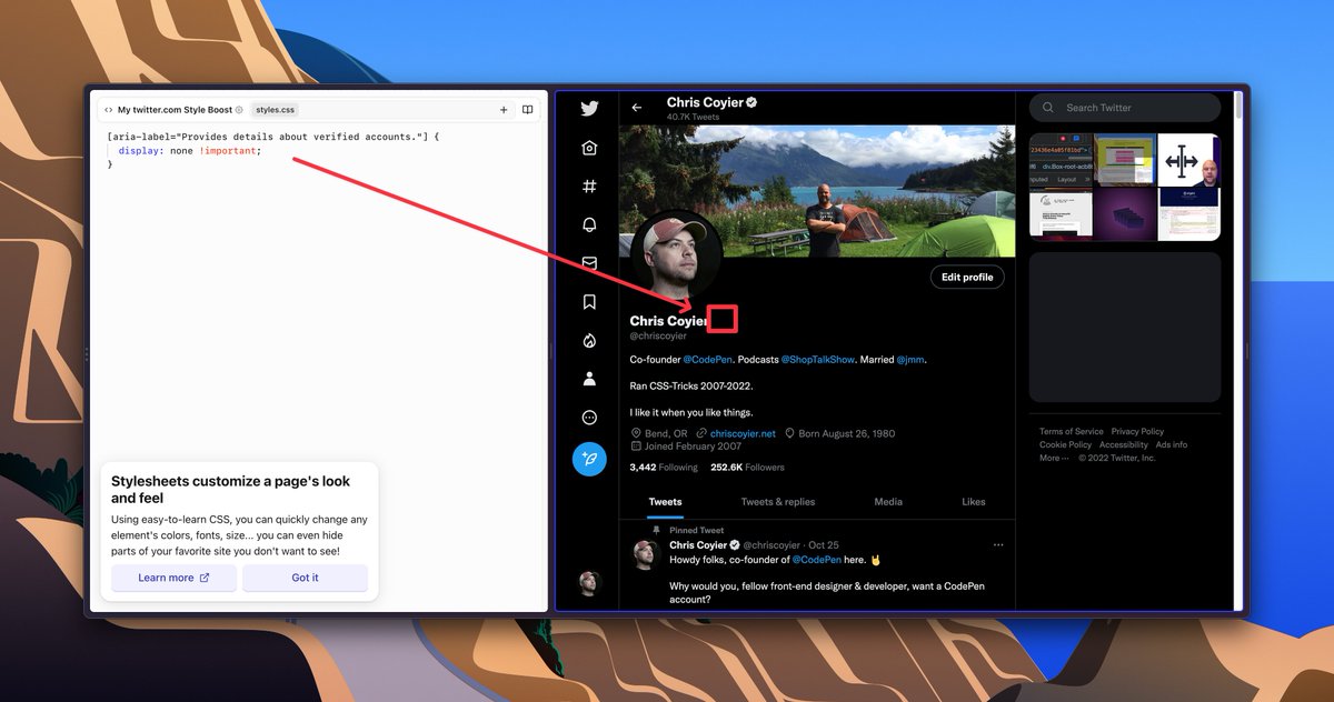 chriscoyier's tweet image. Wow! Custom CSS per-website is baked right into @browsercompany&apos;s Arc Browser. Not just like &quot;link to some stylesheet&quot;, but a damn code editor right in there.

(Custom JavaScript as well.)