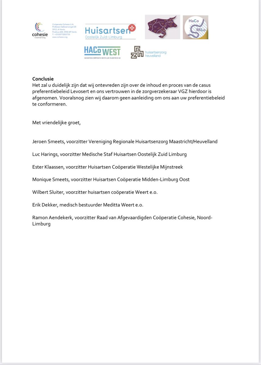 De Limburgse huisartsen maken collectief bezwaar tegen preferentiebeleid van <a href="/VGZ/">Coöperatie VGZ</a> rondom levosert iud. Cc <a href="/ministerVWS/">Jan Anthonie Bruijn</a> <a href="/LHVhuisartsen/">LHV</a> <a href="/nhgnieuws/">NHG Nieuws</a> <a href="/VPHuisartsen/">VPHuisartsen</a> <a href="/ZNnieuws/">Zorgverzekeraars Nederland</a> <a href="/CohesieHuisarts/">Cohesie</a>