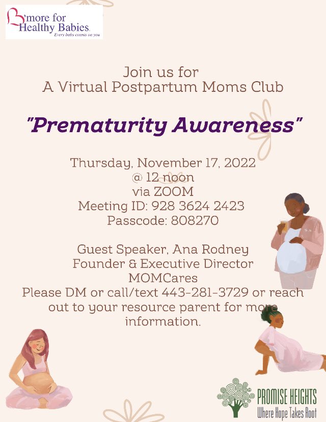 November is for prematurity awareness! Join us for a virtual event to learn more about premature births and celebrate the strength of our families and babies! Thursday, Nov 17 at noon! Shoot us a DM for the zoom link! #prematurity #bmoreforhealthybabies #promiseheights