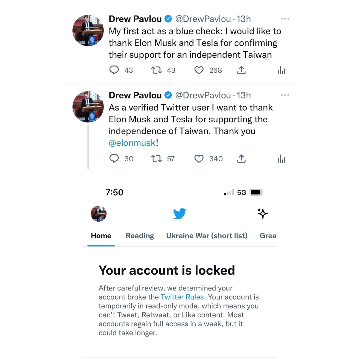 Twitter locked my account for 12 hours after I made a post joking that Elon Musk supports Taiwan Independence

(Tesla has a massive factory in Shanghai that depends on massive Chinese government tax breaks)
