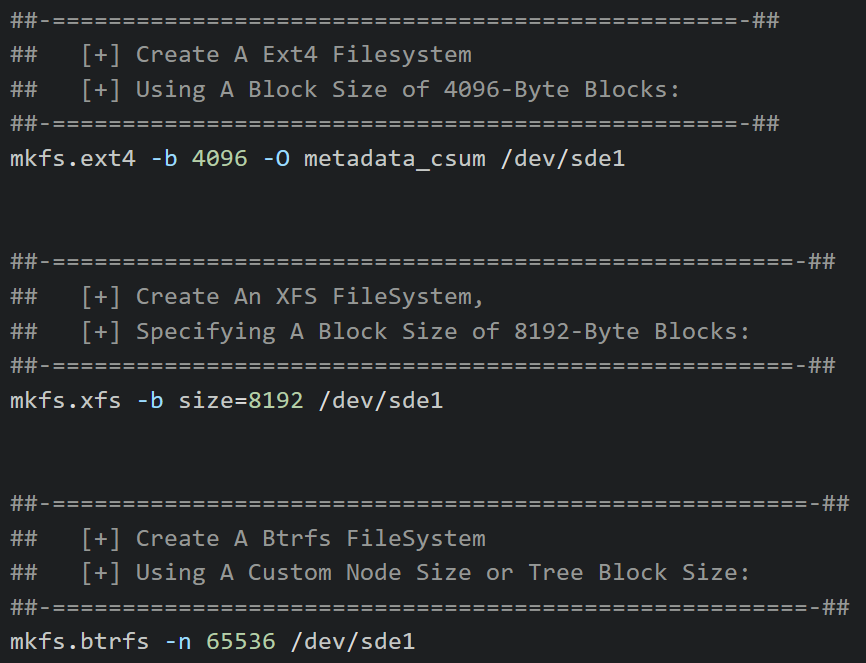 xe1phix's tweet photo. I created a few #Linux #cheatsheets 
for #ext4 #filesystem administration. 
The cheatsheets cover: 
-> Repairing the #superblock
-> Getting block size info
-> Defining block size during filesystem creation. https://t.co/WIkDN9Ra1m