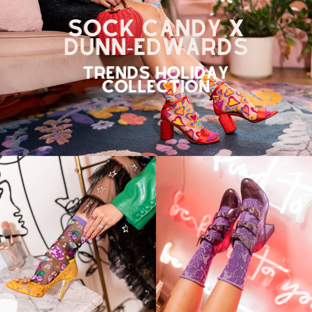 We're excited to announce the Sock Candy x Dunn-Edwards Trends Holiday Collection! This collection features three sock designs that incorporate colors featured in the Live in Joy palette within the Dunn-Edwards 2023 Color + Design Trends. Learn more: bit.ly/3ULbx5V
